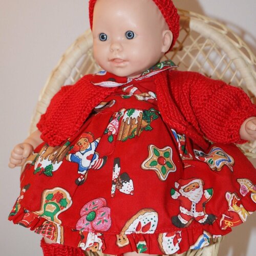 Vetement pour poupée 30 cm tenue thème noël  robe fond rouge  imprimée gâteaux de noel