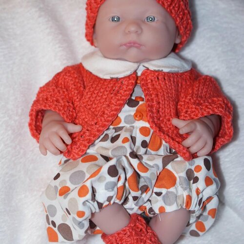Vêtement pour poupée style  berenguer de 24 cm combinaison coton blanc imprimé de pois tons orange et marrons