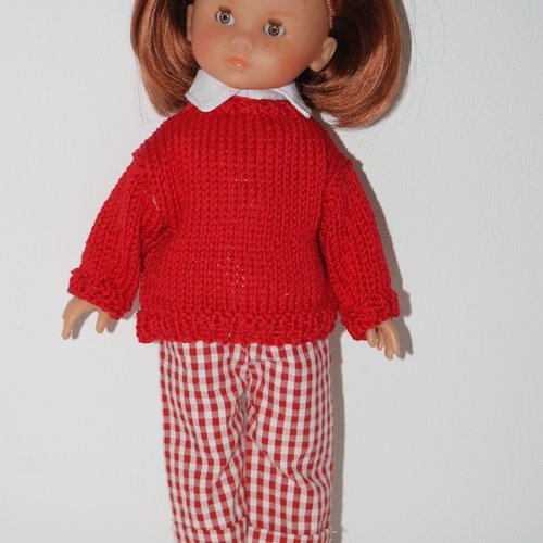 Vêtement pour poupée 33 cm tenue ton rouge avec pantalon 3/4 vichy 