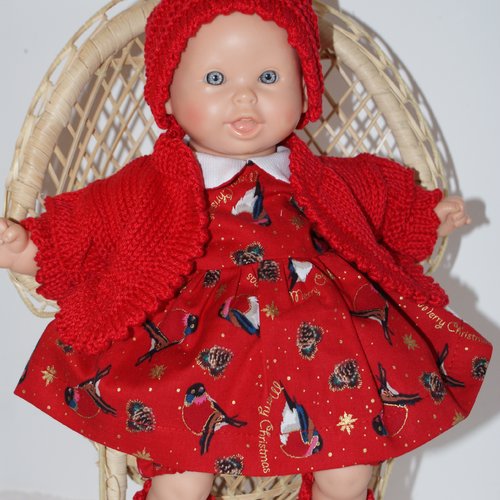 Vêtement pour poupon 30 cm robe  rouge theme noel avec bonnet lutin rouge