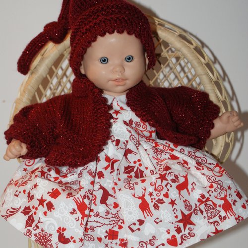 Vêtement pour poupon 30 cm robe rouge et bordeaux theme noel avec bonnet lutin rouge