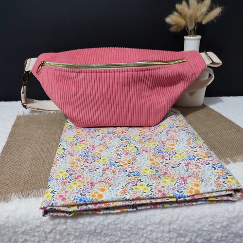 Sac banane velours côtelé rose corail