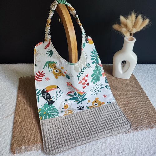 Serviette de cantine à élastique - jungle colorée & nid d'abeille taupe
