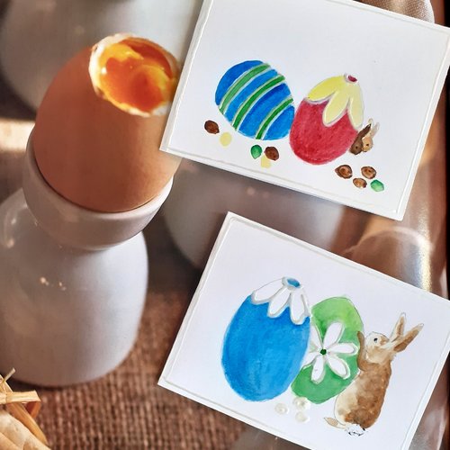 Cartes de pâques aquarelle œufs décorés pastels