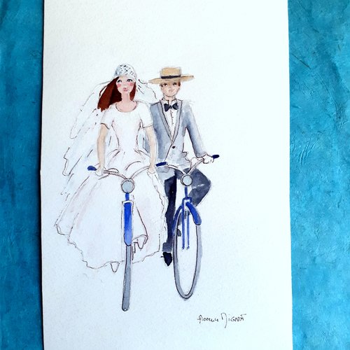 Aquarelle pour réalisation faire-part de mariage thème mariés en vélo