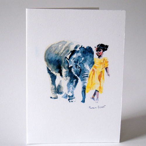 Carte Aquarelle Theme Enfant Petite Fille Et Son Elephant Un Grand Marche