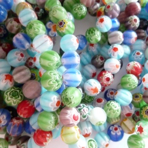 Lot de 10 Perles Millefiori en Verre 8mm Vert fleuri