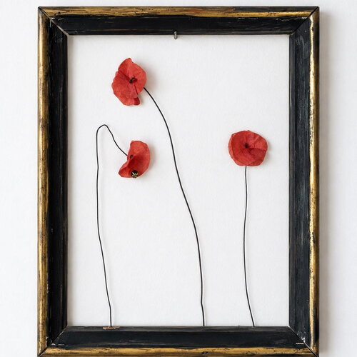 Sculpture murale fleurs fil de fer | coquelicots et cadre vintage