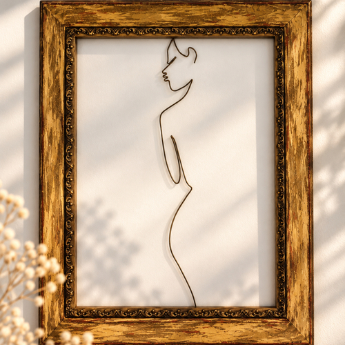 Sculpture murale femme en fil de fer | profil féminin et cadre vintage