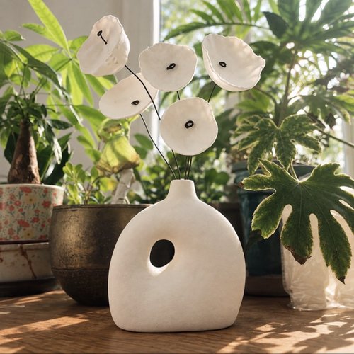 Vase en céramique et bouquet de 5 fleurs en argile
