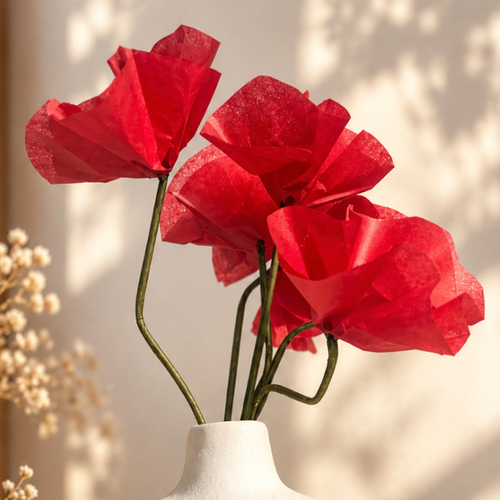 Coquelicot en papier de soie et tige en fil de fer recouvert de papier vert | fait main