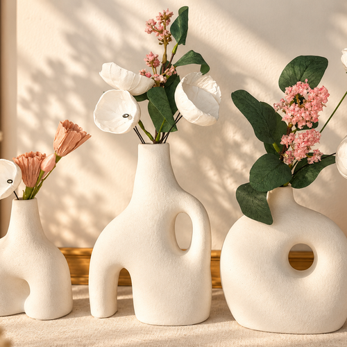 Composition florale - vases en céramique garnis de fleurs en argile
