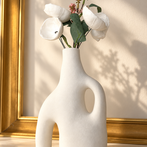 Vase en céramique avec fleurs en argile et branchage artificiel