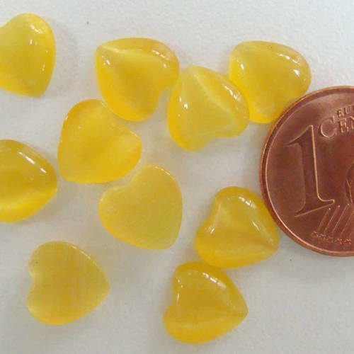 10 cabochons coeur 8x8mm verre oeil de chat jaune fonce