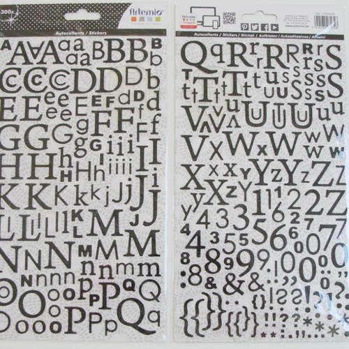 STICKERS Autocollants Alphabet 300 lettres noir pailleté DIY Scrap Artemio