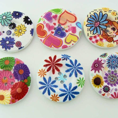 6 boutons mix fleurs et coeurs multicolores 30mm mod18 