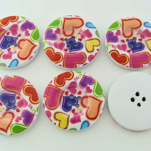 6 boutons coeurs multicolores 30mm mod16 