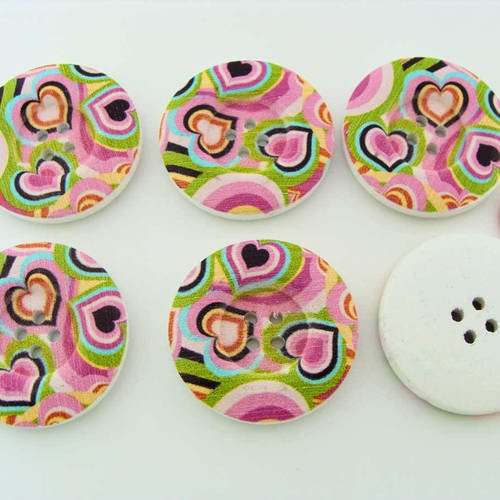 6 boutons coeurs multicolores 30mm mod8 