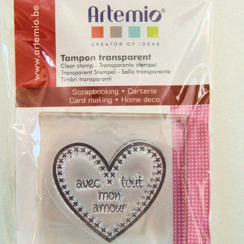 1 tampon silicone coeur avec tout mon amour + 1 bloc transparent 5x5cm artemio mod28 