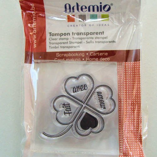 1 tampon silicone trèfle fait avec amour + 1 bloc transparent 5x5cm artemio mod30