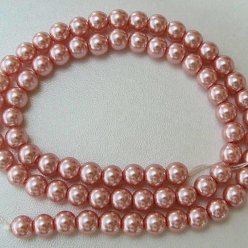 68 perles 6mm verre peint aspect nacré rondes en fil rose fonce 