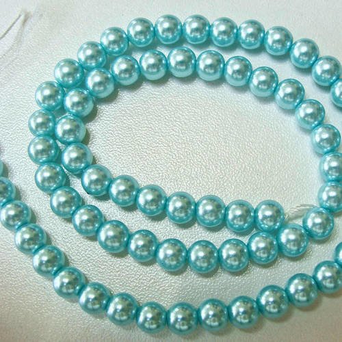 68 perles 6mm verre peint aspect nacré rondes en fil bleu 