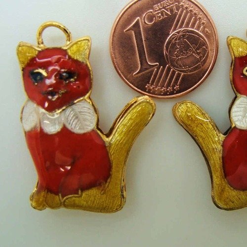 1 pendentif chat 27mm métal cloisonné rouge et doré 
