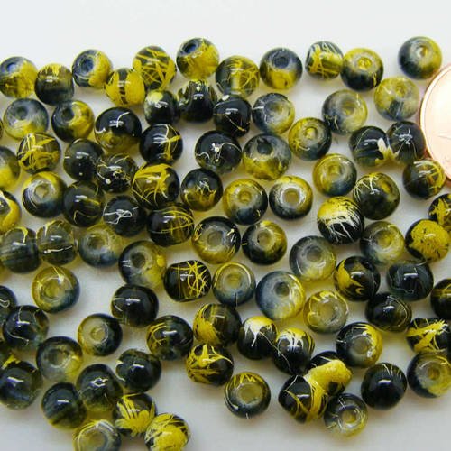 100 perles environ rondes 4mm verre peint gris noir + motifs jaunes pv-peint-57 
