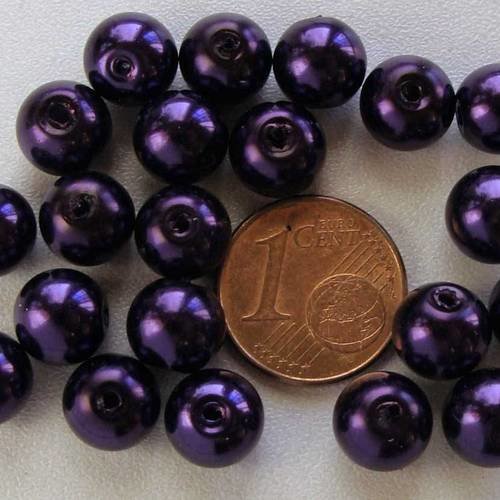 50 perles 8mm verre peint aspect nacré rondes violet fonce 