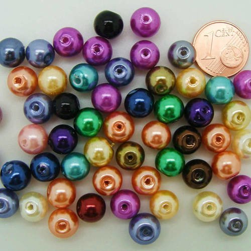 50 perles 8mm verre peint aspect nacré rondes mix couleurs 