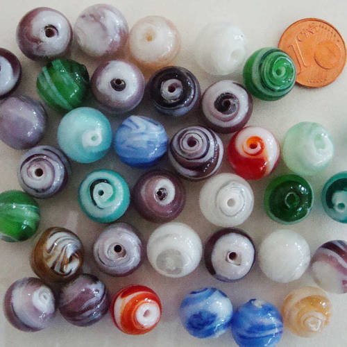 35 perles verre rondes 12mm mix couleurs lampwork 