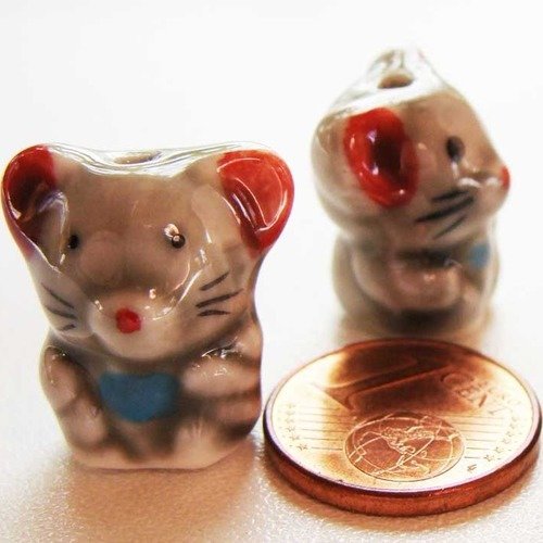 2 perles souris grise rat 18mm animal porcelaine peinte 