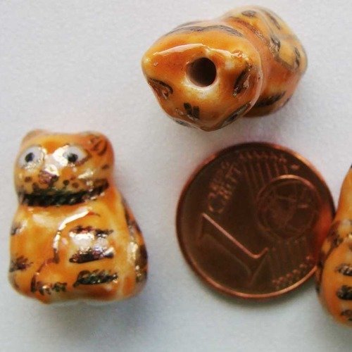 2 perles chat tigré marron 18mm animal porcelaine peinte 