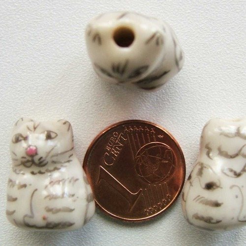 2 perles chat tigré gris 18mm animal porcelaine peinte 