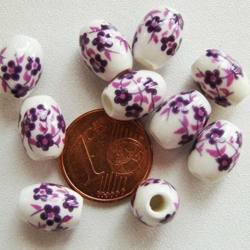 10 perles ovales 11x8mm porcelaine fond blanc fleurs violet 