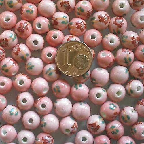 10 perles rondes 8mm porcelaine motif fleurs fond rose 