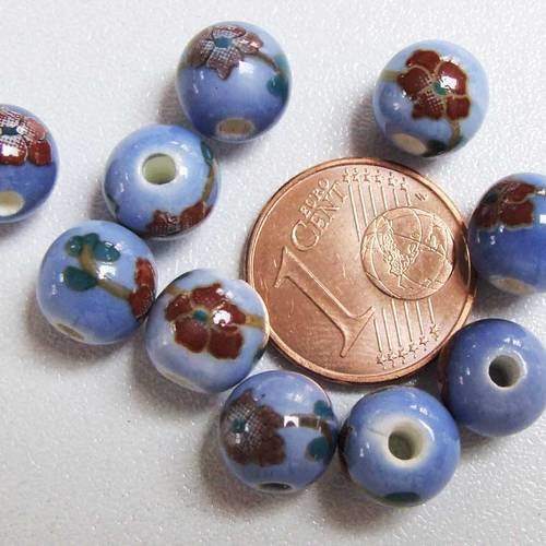 10 perles rondes 8mm porcelaine motif fleurs fond bleu 