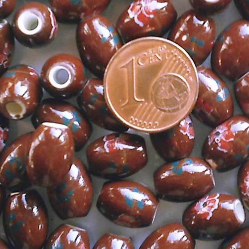 10 perles ovales 10x8mm porcelaine motif fleurs fond marron 