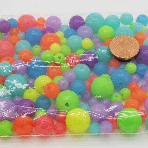50 grammes perles rondes 6 à 12mm acrylique mix couleurs unies fluo res-90 