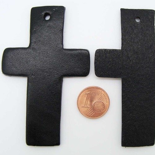 2 croix cuir découpes 70x43mm pour pendentif déco ou scrapbooking noir 