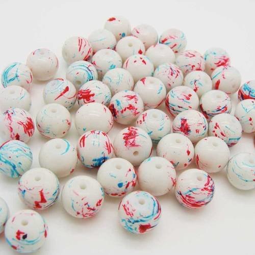 50 perles environ rondes 10mm verre peint blanc multicolores pv-peint-69 