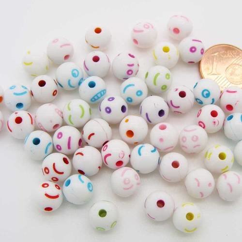 50 perles rondes 8mm blanc mix visage smiley acrylique res-83 