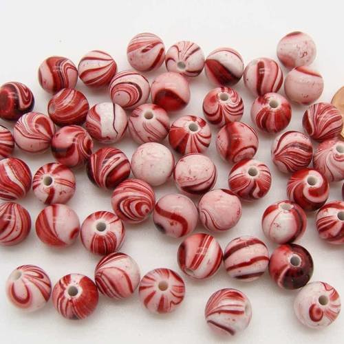 Lot 50 perles rondes 8mm blanc rouge synthétique res-82 
