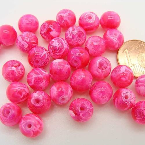 30 perles environ rondes 8mm verre peint rose blanc pv-peint-60 