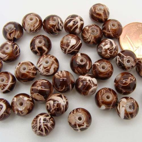 30 perles environ rondes 8mm verre peint marron blanc pv-peint-54 