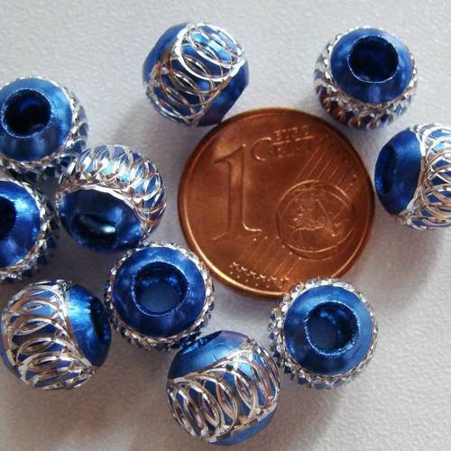 10 perles 8mm aluminium bleu fonce strié argenté clair rondes alu al09 