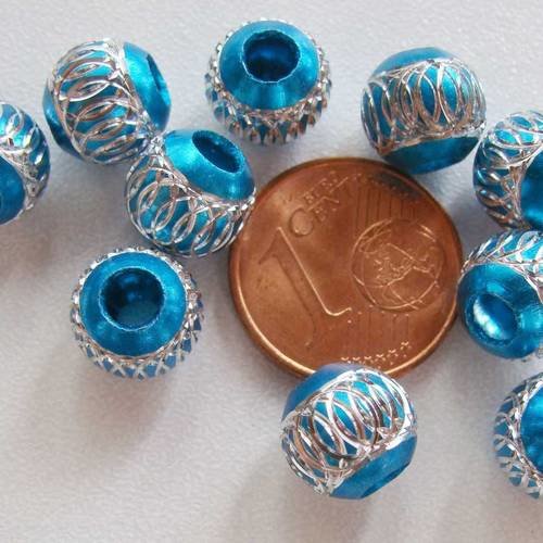 10 perles 8mm aluminium bleu strié argenté clair rondes alu al08 