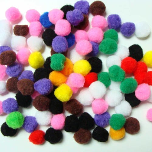 100 pompons ronds 22mm environ peluches polyester mix couleurs 