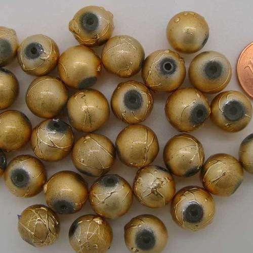 30 perles environ rondes 10mm verre peint jaune dore pv-peint-66 