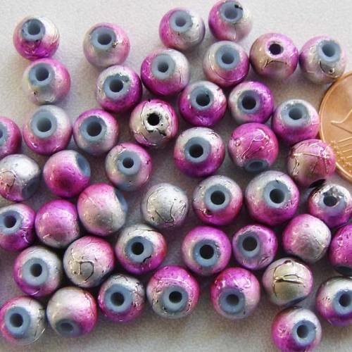 50 perles environ rondes 6mm verre peint gris fuchsia pv-peint-53 